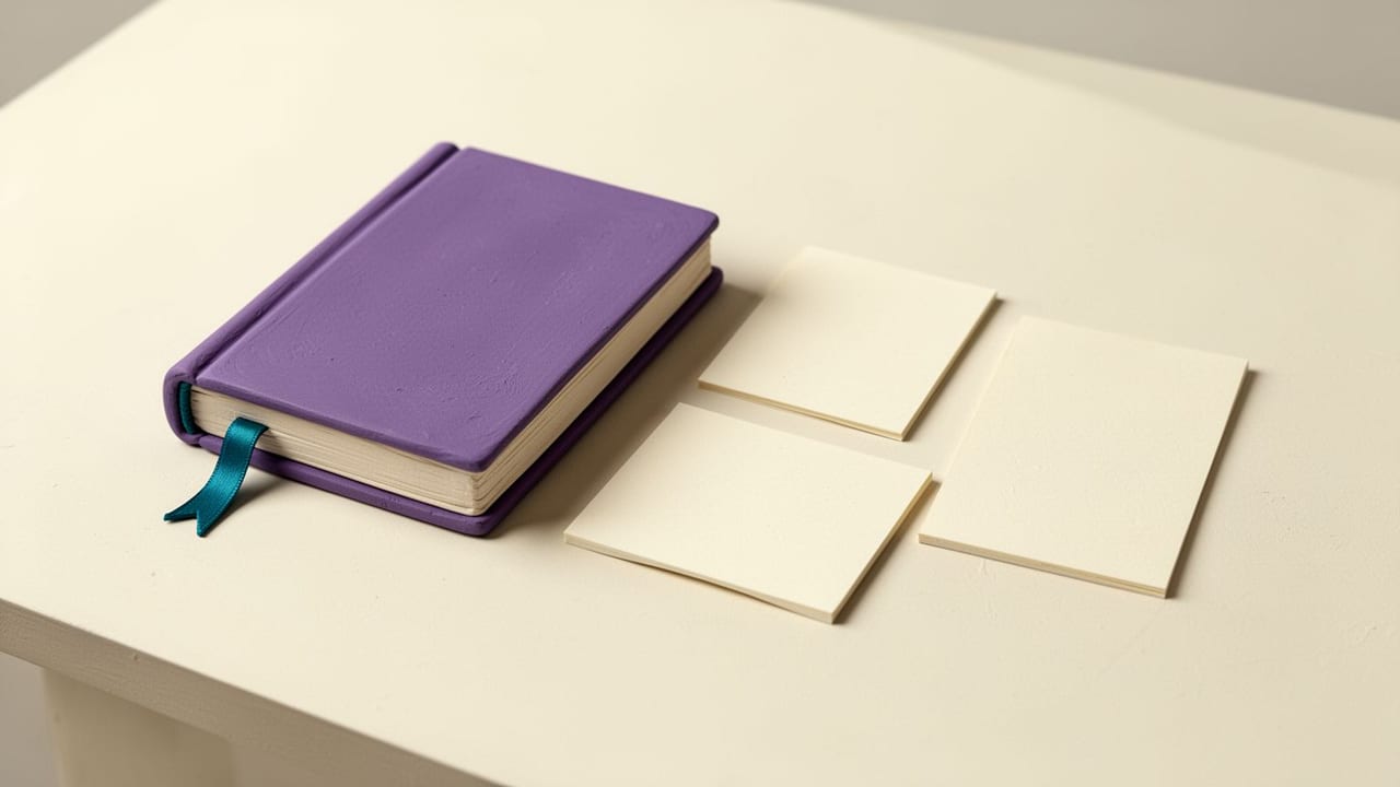 A violet book with a teal ribbon bookmark beside three blank ivory source cards.