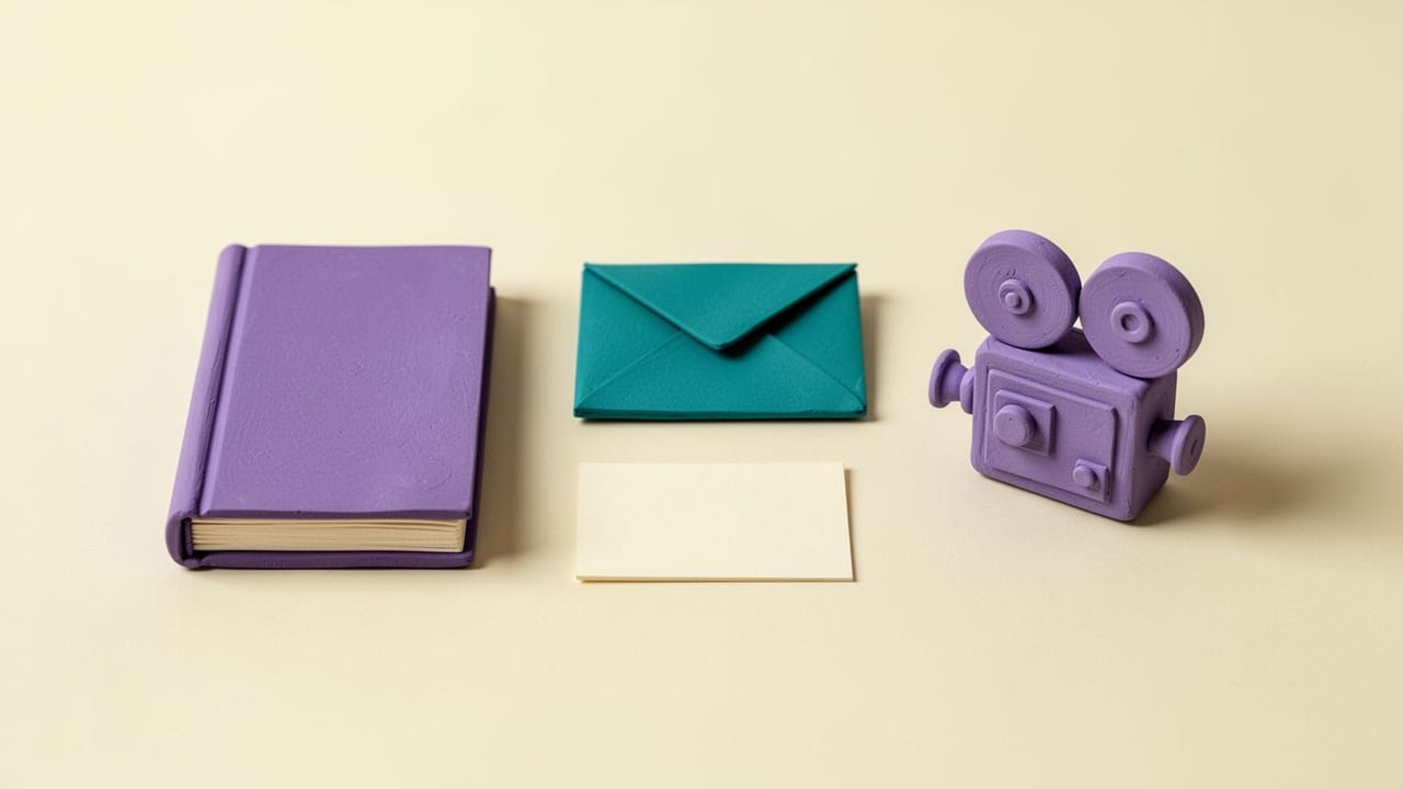 A violet book, teal envelope and miniature movie camera surround a blank campaign card on an ivory surface.