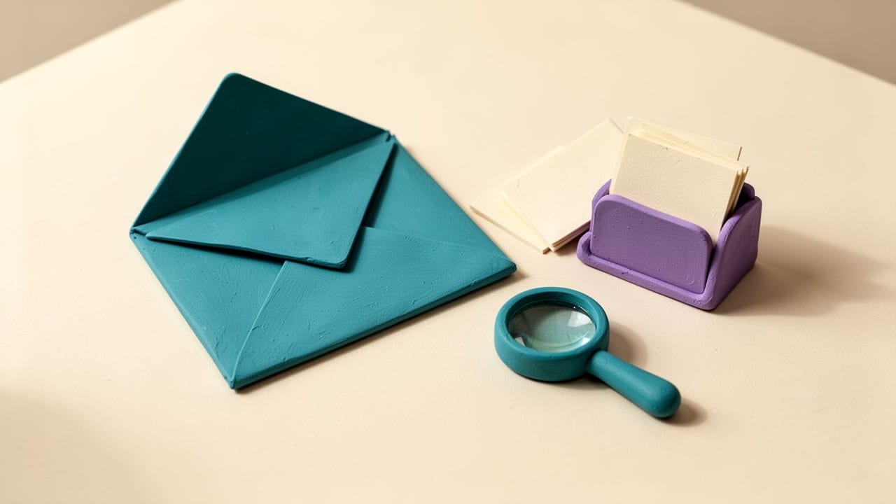 A teal envelope beside blank recipient cards in a violet holder and a magnifying glass.