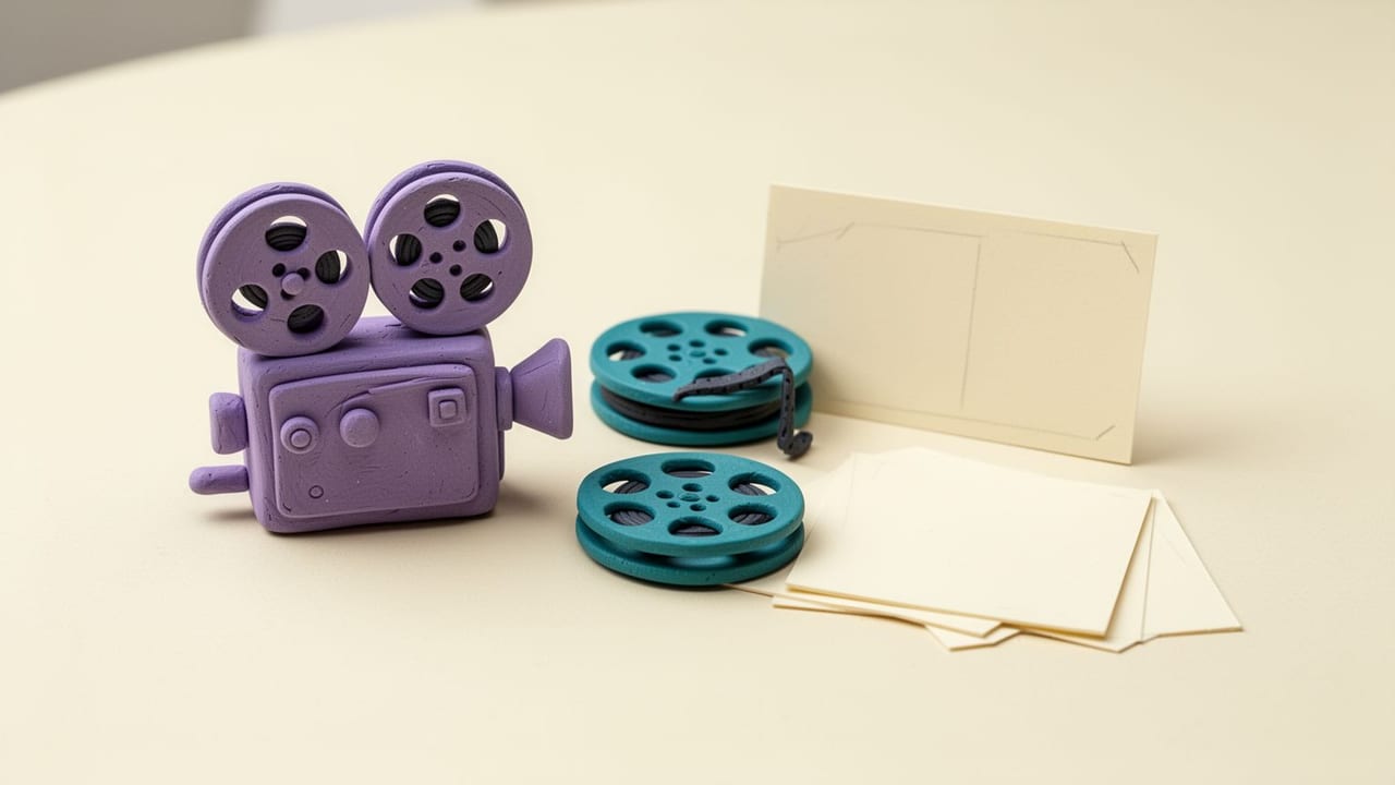 A lavender movie camera, two teal film reels and blank storyboard cards on an ivory surface.
