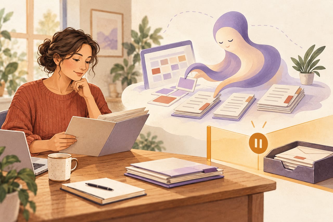 A business owner reviews a prepared folder while an abstract assistant organises calendars and invoices. An amber pause barrier separates the prepared work from an outgoing-mail tray, representing the need for human approval.