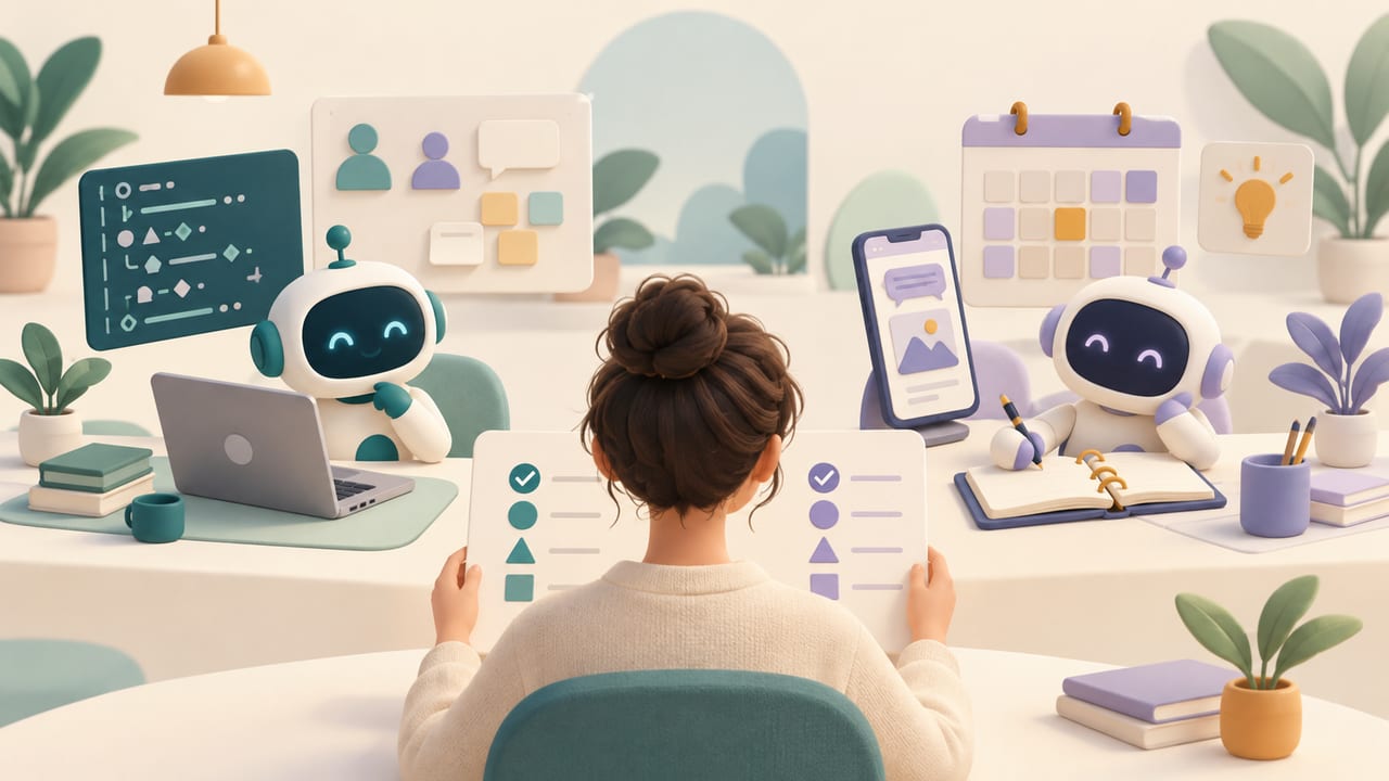 Two AI assistants work beside a laptop and a phone while a person compares their output with a checklist. Original conceptual illustration, not product interfaces.