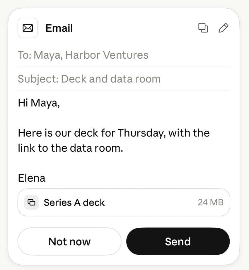 Crop of Anthropic's demo email draft to Maya at Harbor Ventures, with subject Deck and data room, a Series A deck attachment, and Not now and Send buttons.