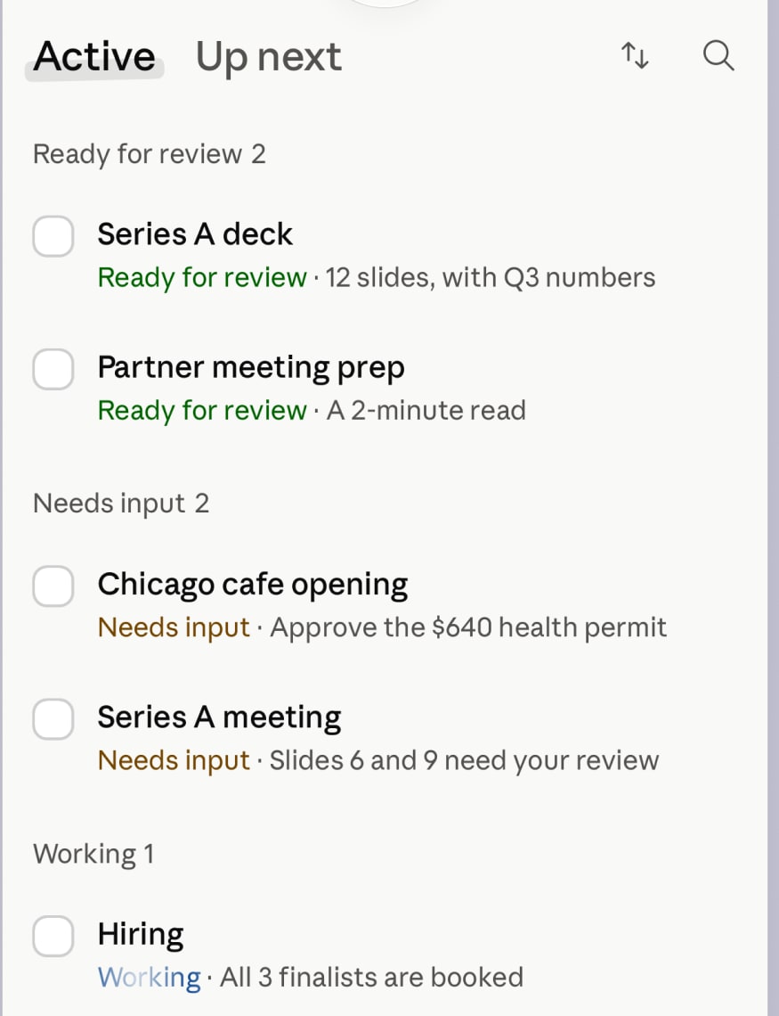 Crop of Anthropic's Duet demo task queue. A Series A deck and partner meeting preparation are ready for review. Chicago cafe opening and a Series A meeting need input. Hiring is marked working.