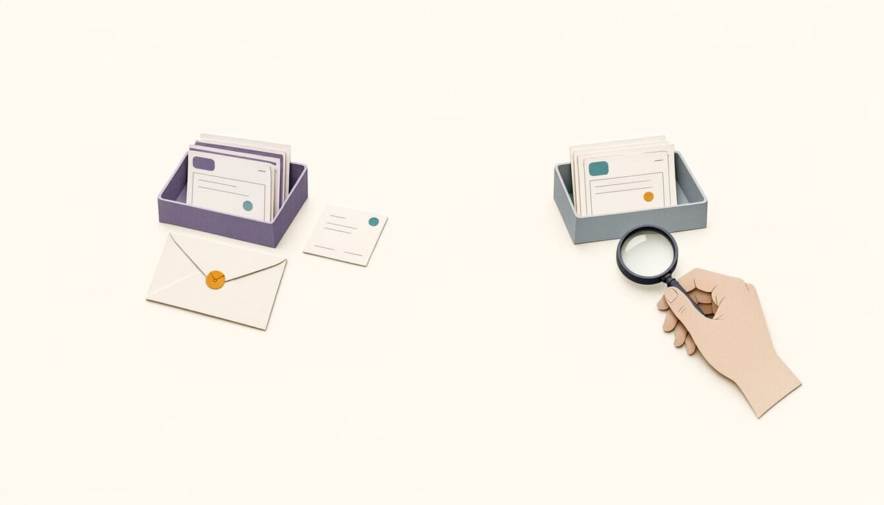 Document-triage illustration on a cream background. A purple tray holds document cards beside an envelope and a loose card. On the right, a grey tray holds more cards while a hand uses a magnifying glass to inspect one. Coloured markers distinguish the records; the illustration contains no text.
