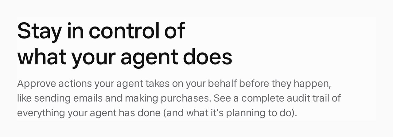 Screenshot of Meta’s public Muse page stating that users approve actions such as emails and purchases before they happen and can inspect an audit trail.