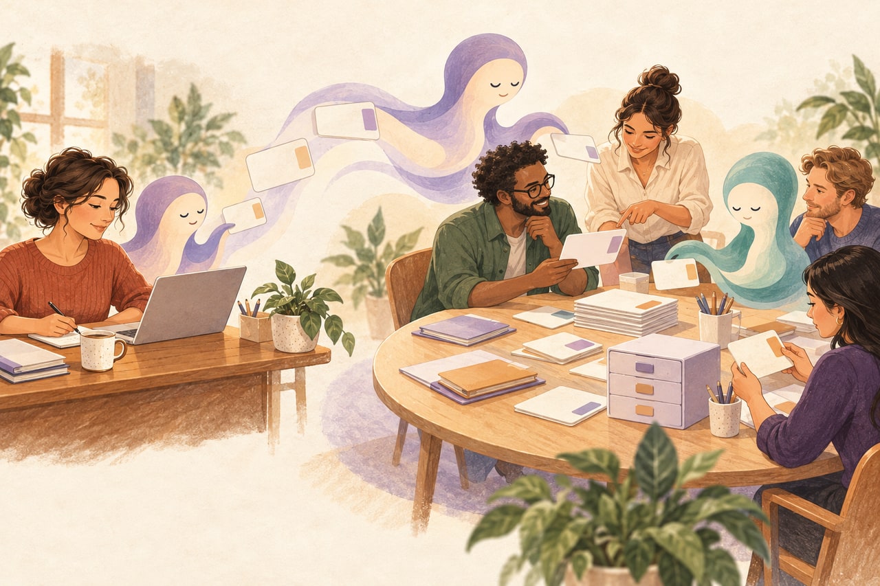 Conceptual illustration of one person working with an abstract AI assistant at a desk, alongside colleagues and AI assistants sharing task cards around a larger table.