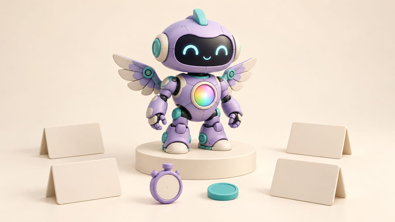 A lavender baby robot with wings and a glowing rainbow chest core stands beside blank evaluation cards, a stopwatch and a teal coin.