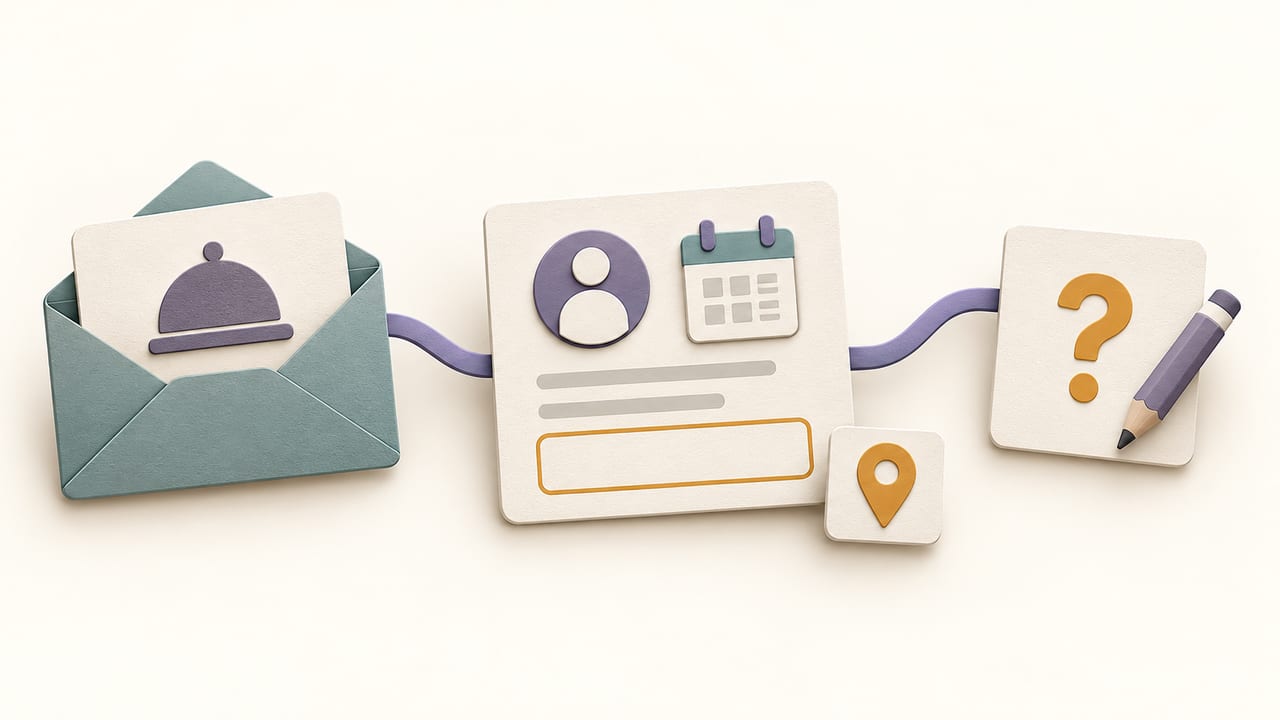 A catering enquiry connects to a shared lead card with a calendar and an empty venue field, then to a reply card with a question mark. Conceptual illustration of asking for missing information.