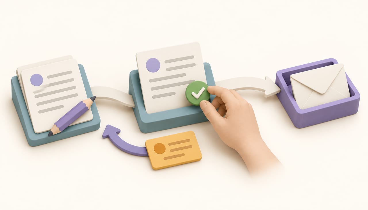 A draft moves through a human review station to an email outbox. A separate amber correction card loops back to the draft. Conceptual illustration of review before sending.