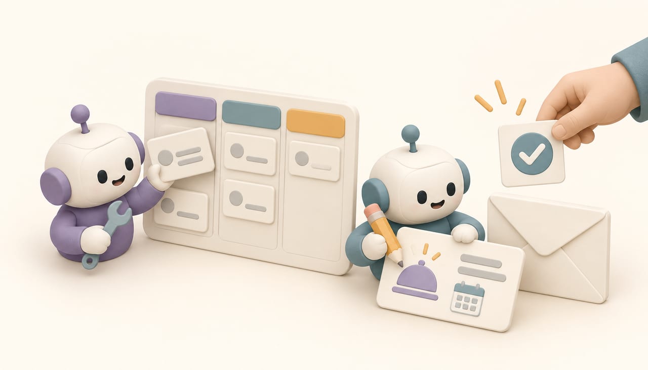 A violet AI builder assembles a shared sales pipeline while a teal AI employee prepares a catering reply. A person holds the review check beside the envelope. Conceptual illustration.
