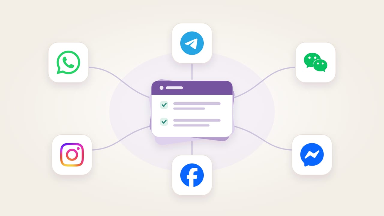 WhatsApp, Telegram, WeChat, Instagram, Facebook and Messenger logos surround a violet stack of shared work cards on an ivory background.