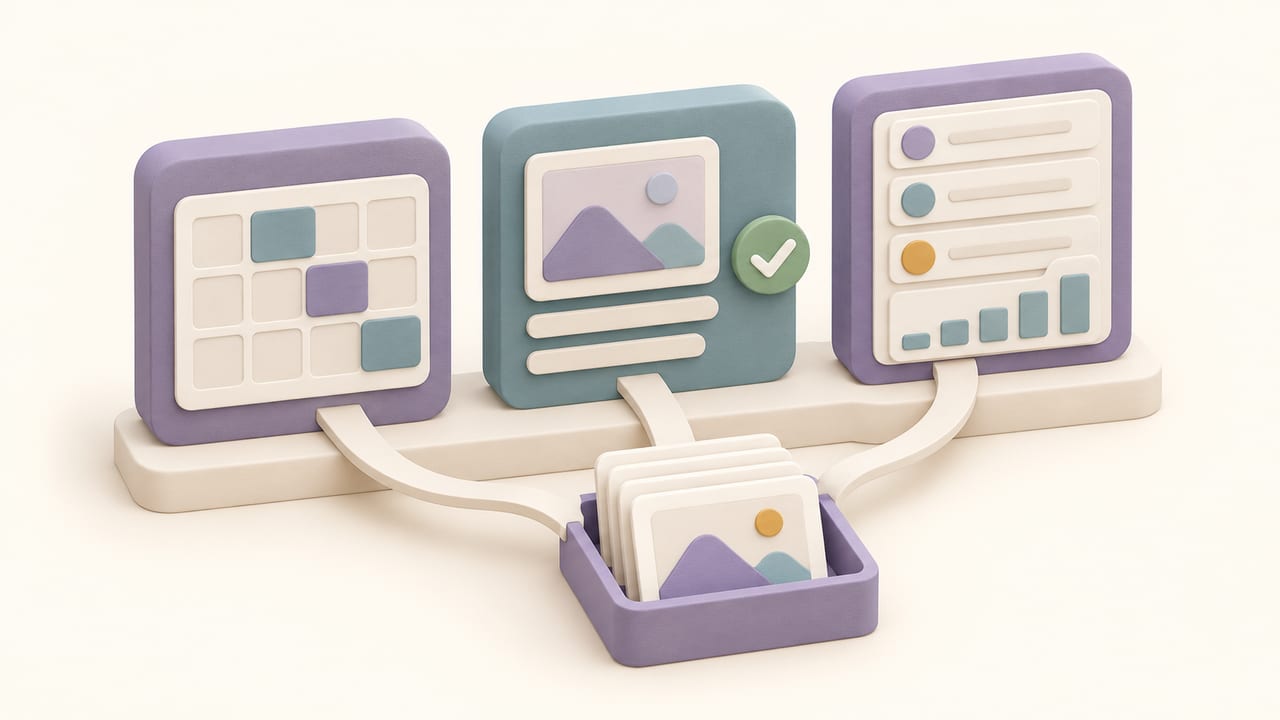 Three sculpted panels show a content calendar, a draft review and publication results, connected to one shared tray of media cards.