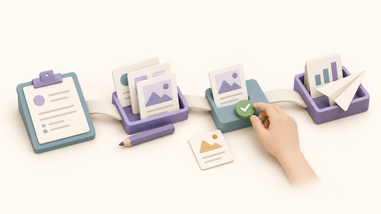 A campaign brief connects to draft cards, a human review station and a publication tray. An amber correction card sits beside the review station, outside the publication path.