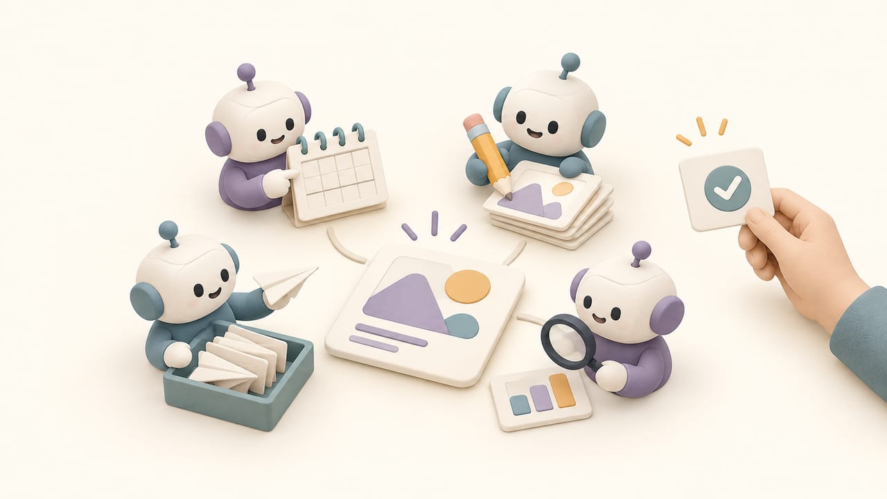 Four AI employee figurines share a campaign card: a planner with a calendar, a producer with a pencil, a publisher with a paper plane and an analyst with a magnifying glass. A human hand holds the approval card.
