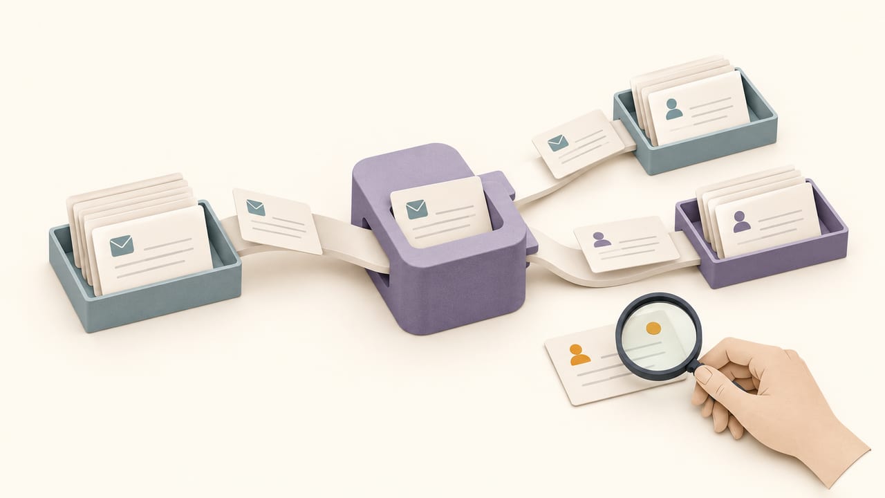 A violet sorting hub routes message cards from an inbox into two ticket trays. A human hand inspects a separate amber-marked card with a magnifying glass.