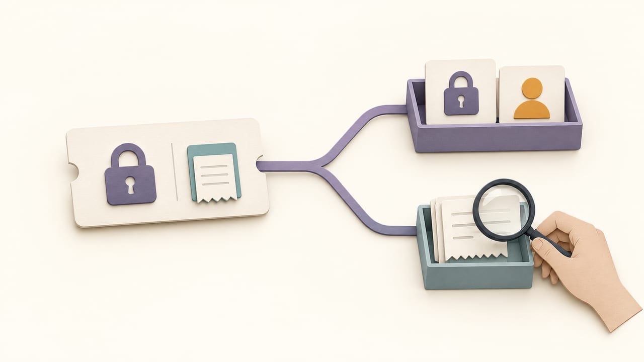 One ticket bearing a padlock and a receipt branches into an access tray with an owner badge and a billing tray inspected through a magnifying glass held by a person.